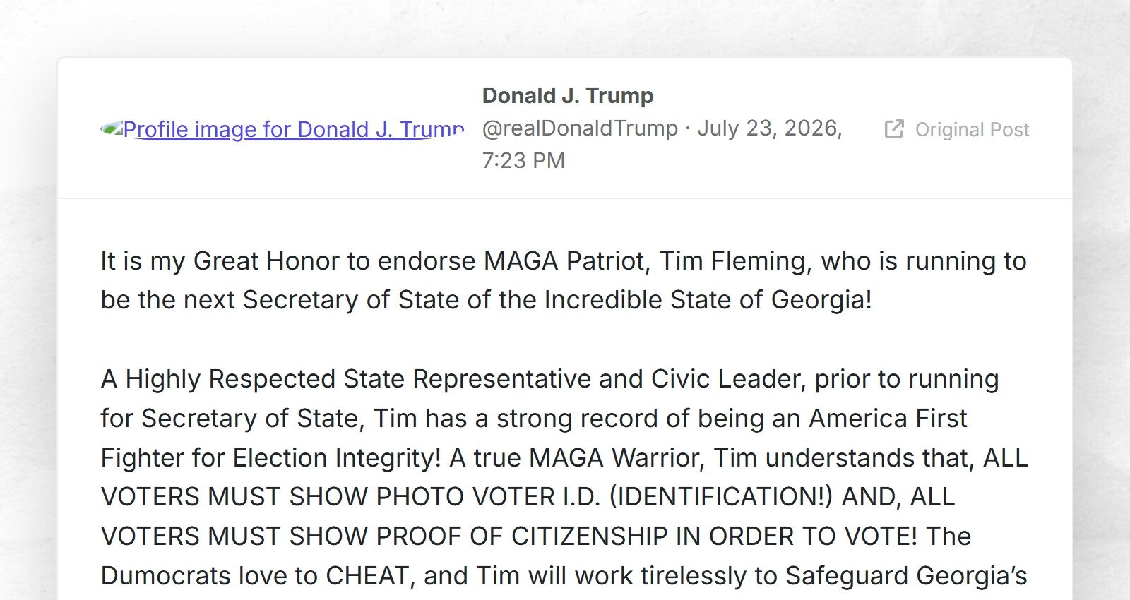 C'est un grand honneur pour moi de soutenir MAGA Patriot, Tim Fleming, qui se présente comme prochain secrétaire de…