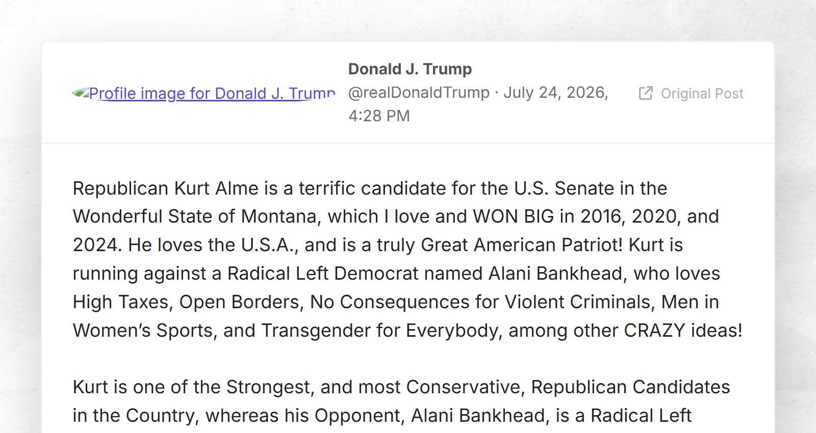 Le républicain Kurt Alme est un formidable candidat au Sénat américain dans le merveilleux État du Montana, qui…