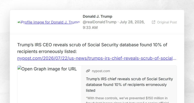 Le PDG de l'IRS de Trump révèle que l'analyse de la base de données de la sécurité sociale a révélé que 10 % des destinataires étaient répertoriés par erreur :…