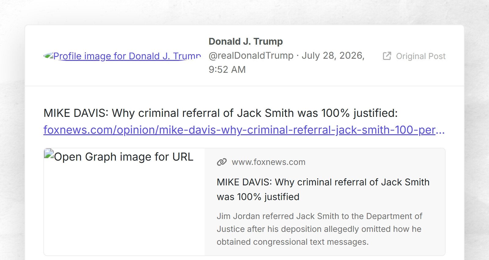 MIKE DAVIS : Pourquoi le renvoi criminel de Jack Smith était justifié à 100 % : foxnews.com/opinion/mike-davis…