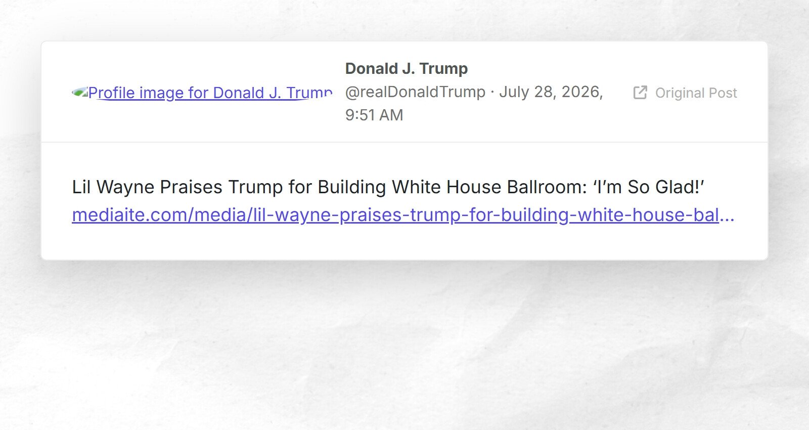 Lil Wayne fait l'éloge de Trump pour la construction de la salle de bal de la Maison Blanche : « Je suis tellement content ! » mediaite.com/media/lil-wayne-p…