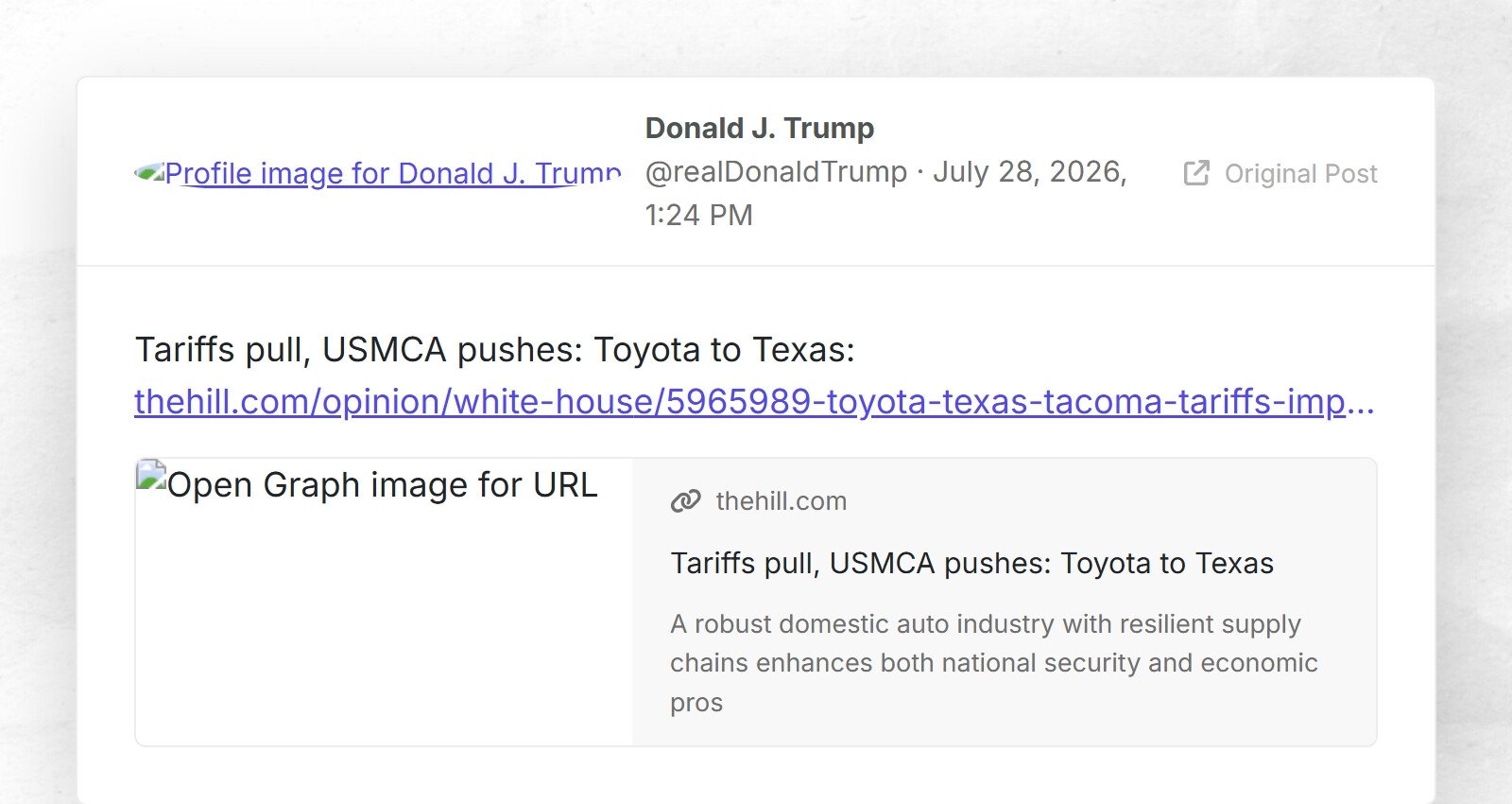 Les tarifs diminuent, l'AEUMC pousse : Toyota au Texas : thehill.com/opinion/white-hous…
