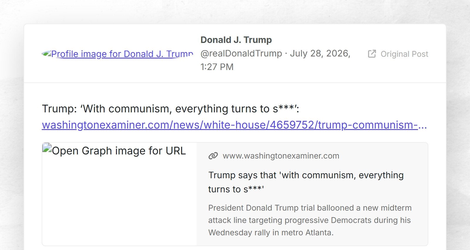 Trump : « Avec le communisme, tout tourne à la merde » : washingtonexaminer.com/news/wh…