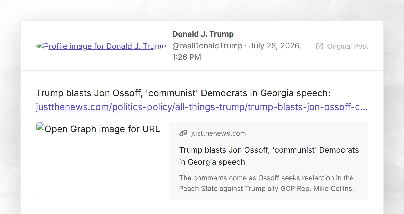 Trump fustige Jon Ossoff, discours des démocrates « communistes » en Géorgie : justthenews.com/politics-polic…