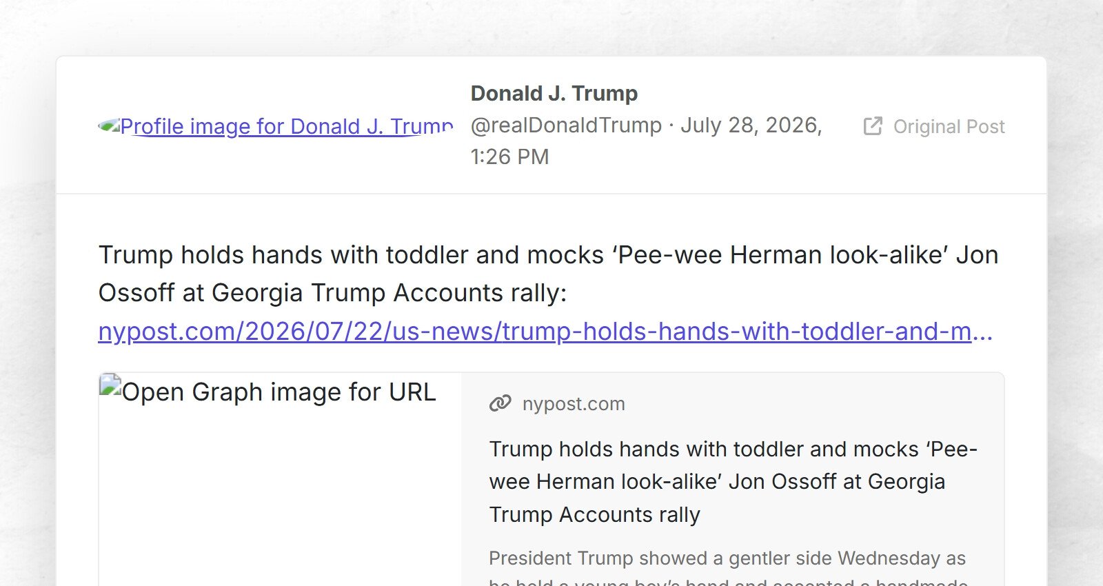 Trump tient la main d'un enfant en bas âge et se moque de Jon Ossoff, le sosie de Pee-wee Herman, sur les comptes Georgia Trump…