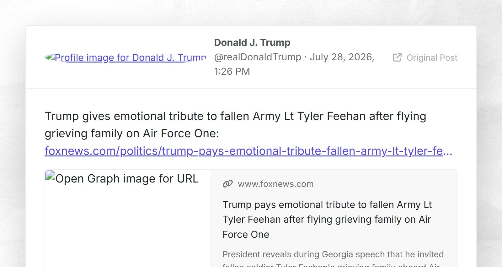 Trump rend un hommage émouvant au lieutenant de l'armée tombé au combat Tyler Feehan après avoir transporté sa famille en deuil dans l'Air Force…