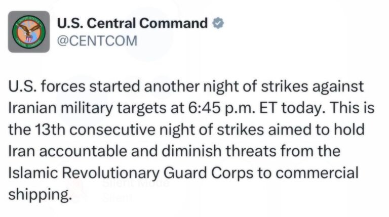 Le CENTCOM indique que les forces américaines ont lancé une 13e nuit consécutive de frappes contre des…