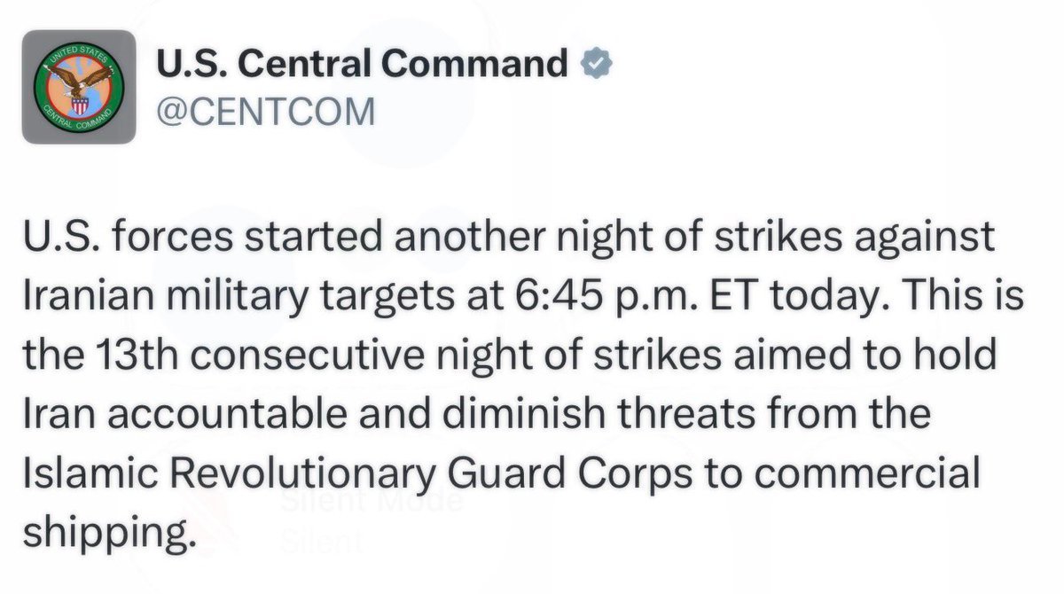 Le CENTCOM indique que les forces américaines ont lancé une 13e nuit consécutive de frappes contre des…