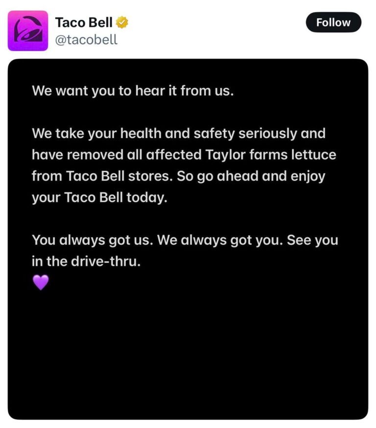 Taco Bell publie une déclaration après que la laitue iceberg déchiquetée servie dans ses restaurants ait…