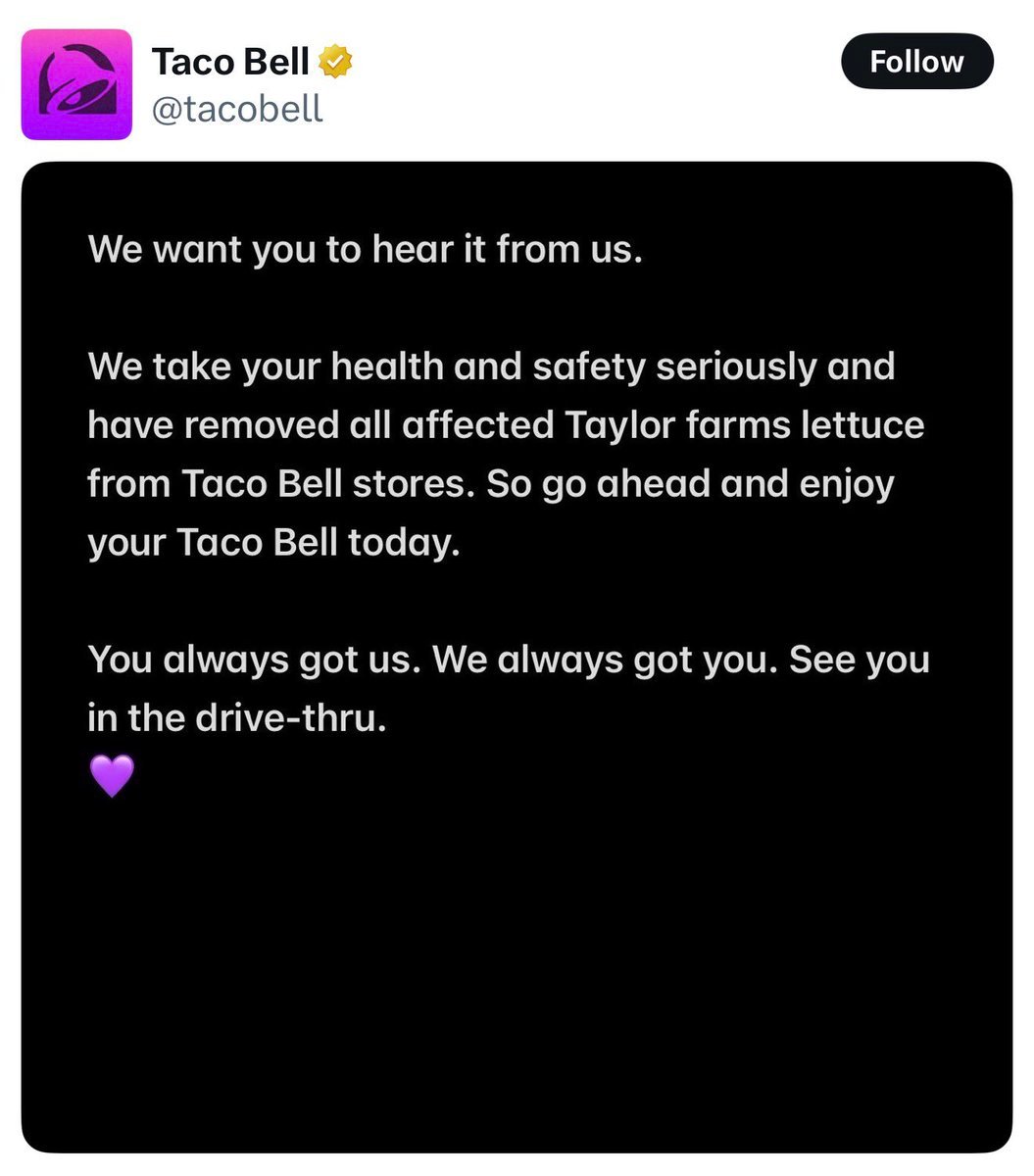 Taco Bell publie une déclaration après que la laitue iceberg déchiquetée servie dans ses restaurants ait…