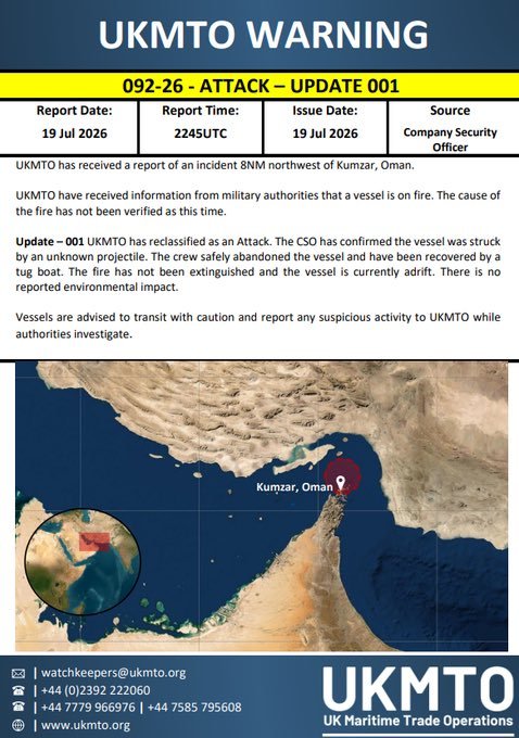 Un navire transitant par le détroit d'Ormuz a été touché par un projectile non identifié au large d'Oman,…
