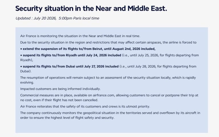Air France a suspendu tous ses vols vers l'Arabie saoudite et les Émirats arabes unis pour les sept…
