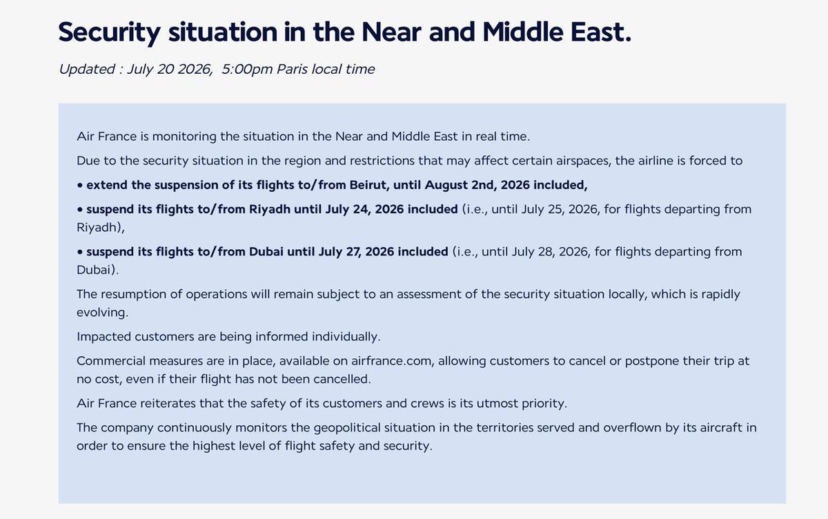 Air France a suspendu tous ses vols vers l'Arabie saoudite et les Émirats arabes unis pour les sept…