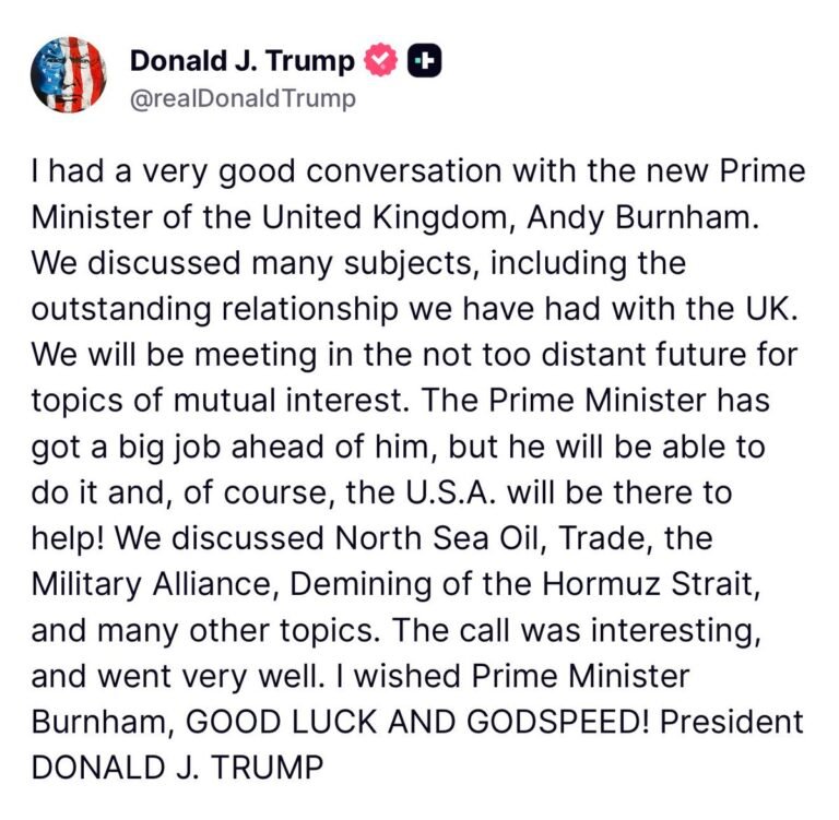 Le président Trump a déclaré avoir discuté avec le nouveau Premier ministre britannique Andy Burnham du…