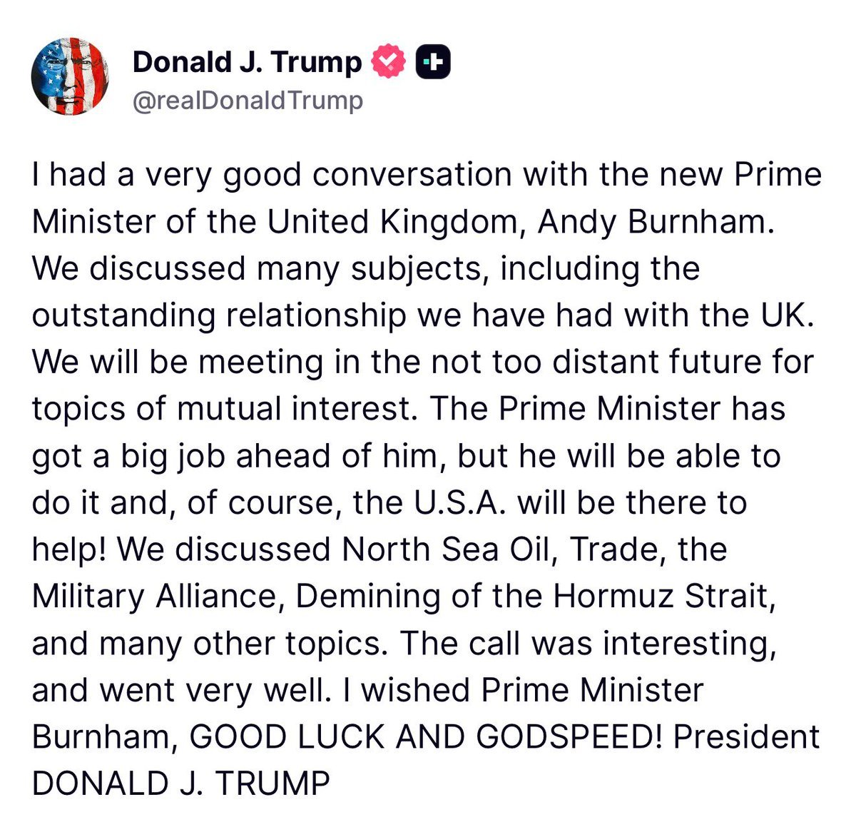 Le président Trump a déclaré avoir discuté avec le nouveau Premier ministre britannique Andy Burnham du…