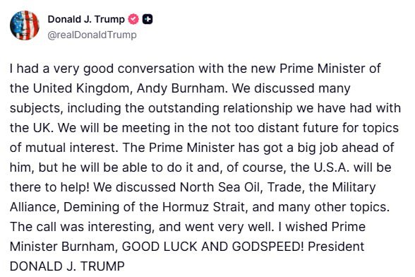 Trump affirme avoir eu une très bonne conversation avec le nouveau Premier ministre britannique Andy…