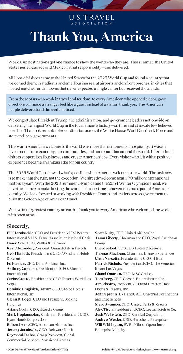 .@USTravel dans le @WSJ d'aujourd'hui : "Nous félicitons le président Trump, l'administration et les…