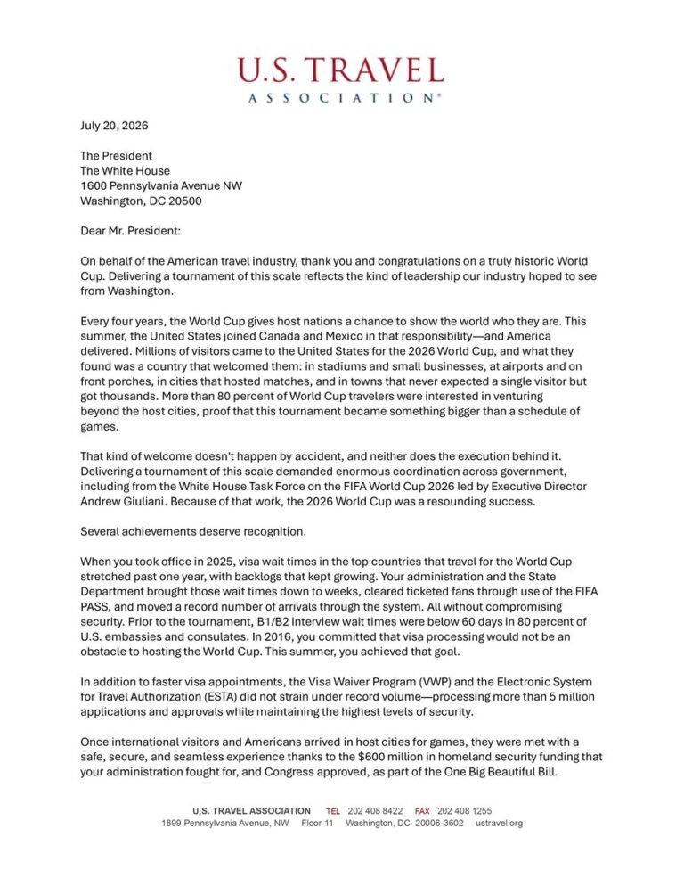 Dans une lettre adressée au président Trump, @USTravel attribue le succès remarquable de la Coupe du monde…