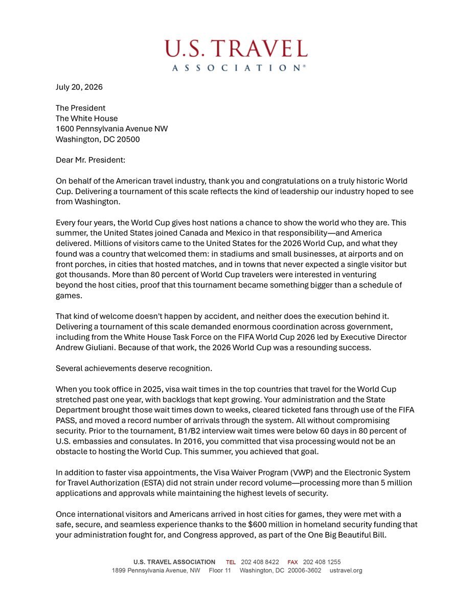 Dans une lettre adressée au président Trump, @USTravel attribue le succès remarquable de la Coupe du monde…