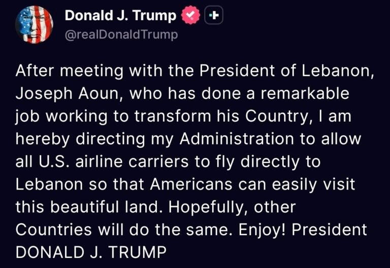 Trump a annoncé que les vols commerciaux directs entre les États-Unis et le Liban reprendraient pour la…