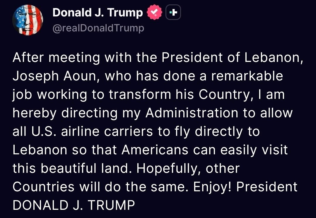 Trump a annoncé que les vols commerciaux directs entre les États-Unis et le Liban reprendraient pour la…