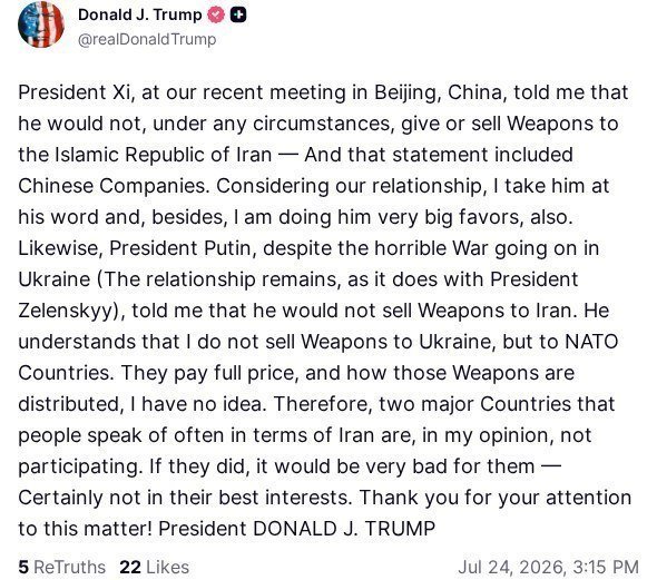 Trump : Le président Xi, lors de notre récente réunion à Pékin, en Chine, m'a dit qu'il ne donnerait ou ne…