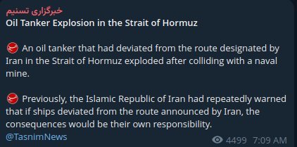 Le média d'État iranien Tasnim News rapporte qu'un pétrolier a explosé dans le détroit d'Ormuz après avoir…