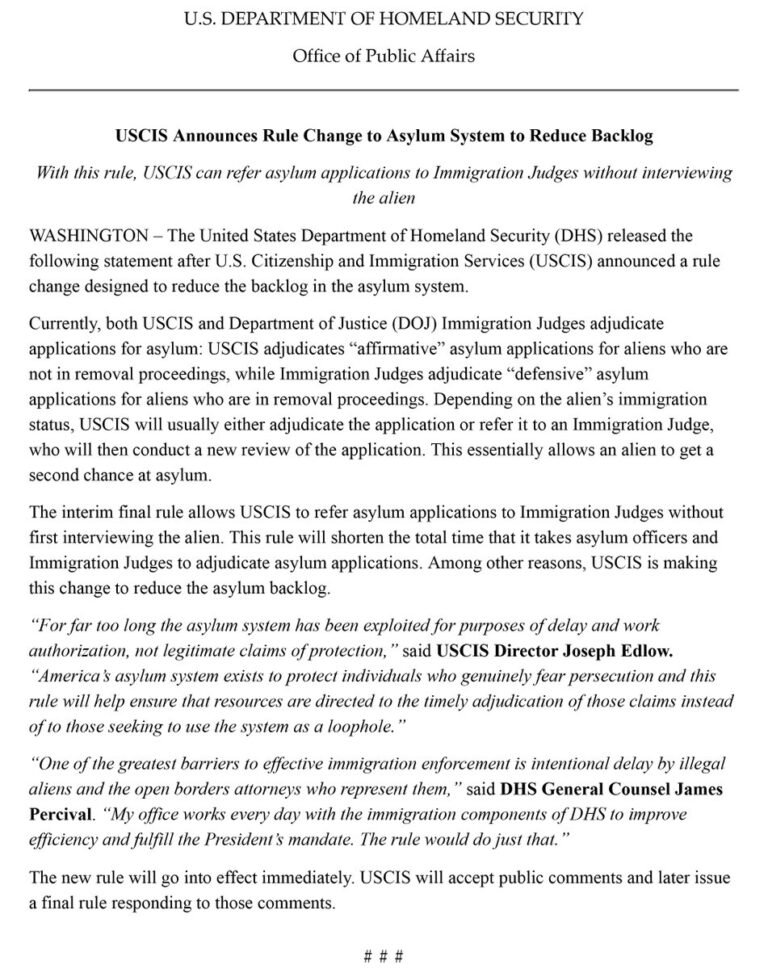 .@USCIS annonce une modification des règles du système d'asile afin de réduire l'arriéré