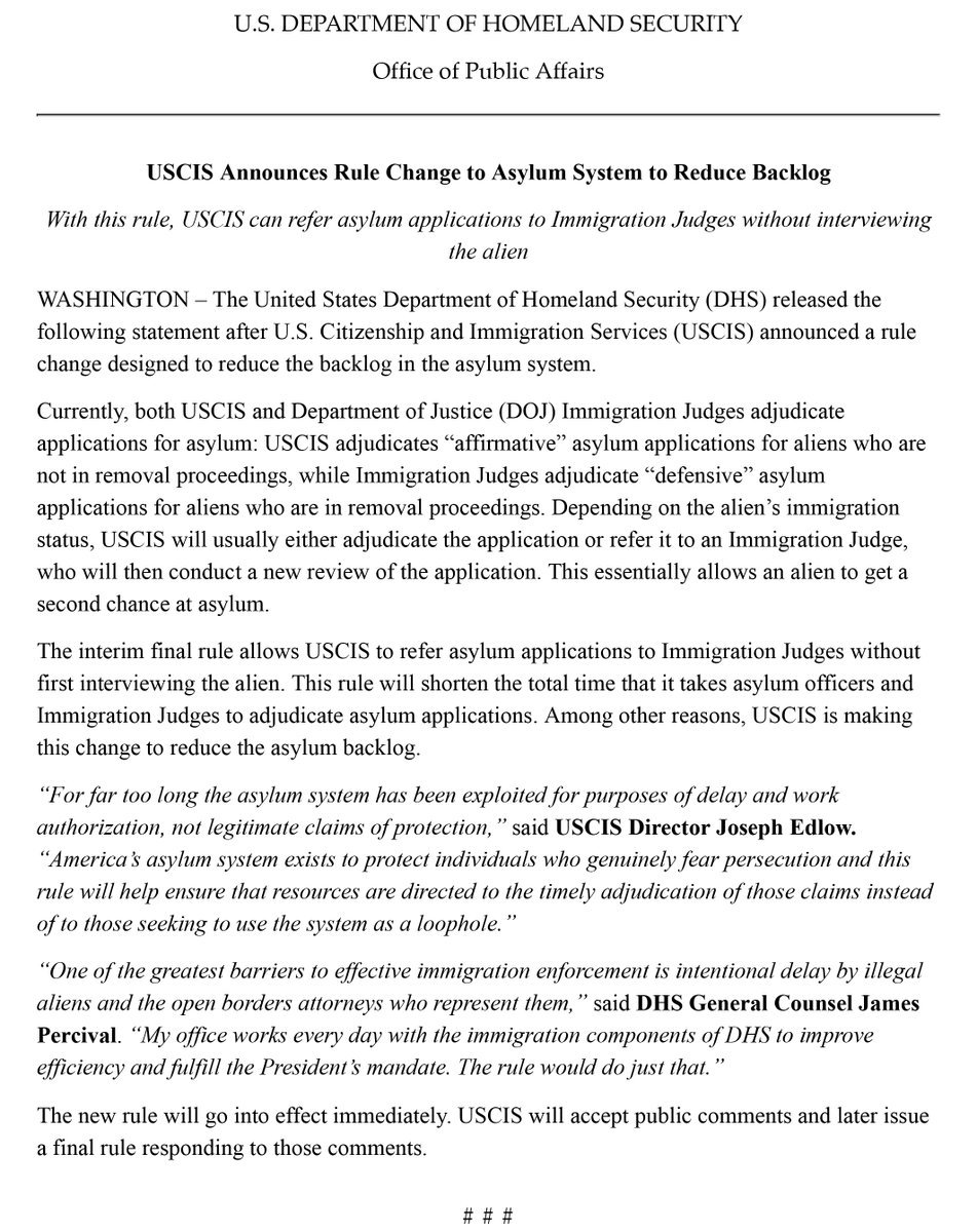 .@USCIS annonce une modification des règles du système d'asile afin de réduire l'arriéré