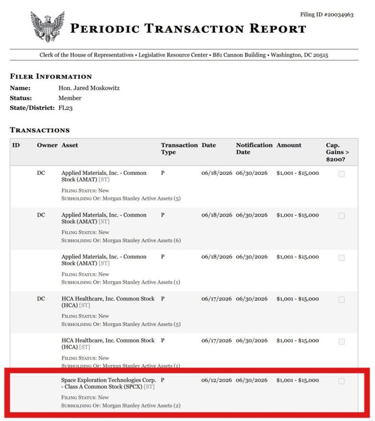 Moskowitz est le 6ème membre du Congrès à acheter SpaceX $SPCX.