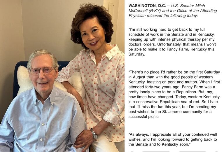 Mitch McConnell publie une nouvelle photo de preuve de vie et une déclaration dans un e-mail envoyé par…