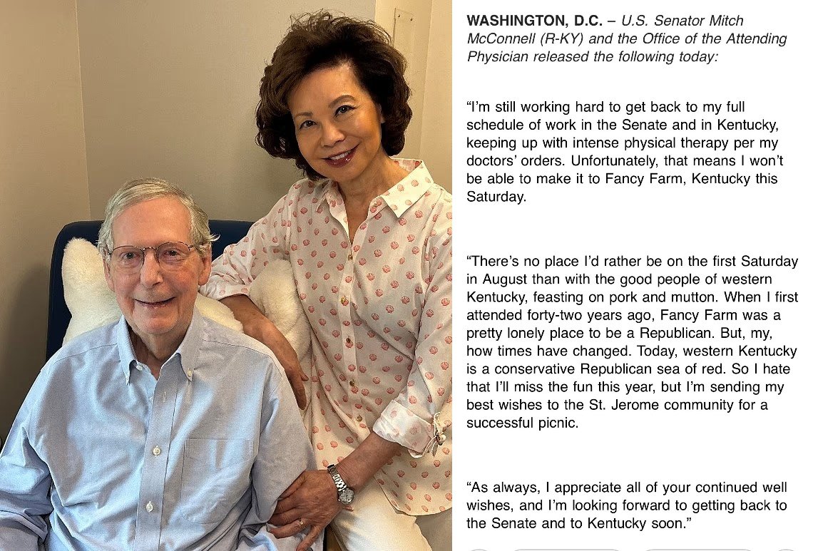 Mitch McConnell publie une nouvelle photo de preuve de vie et une déclaration dans un e-mail envoyé par…