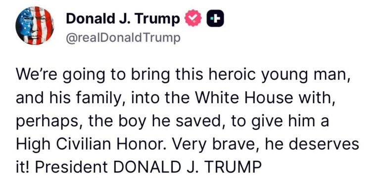 TRUMP : Nous allons amener ce jeune homme héroïque et sa famille à la Maison Blanche avec, peut-être, le…