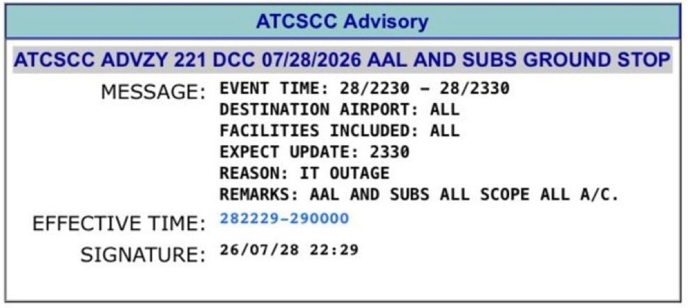 Avis de la FAA : American Airlines a immobilisé ses vols dans tout le pays en raison d'une panne informatique.