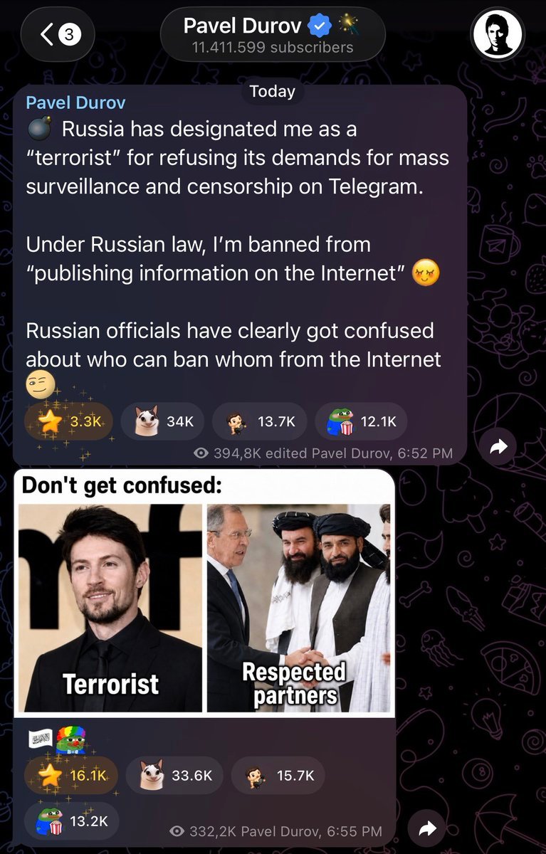 Pavel Durov commente sa désignation de terroriste en Russie "La Russie m'a désigné comme "terroriste" pour…