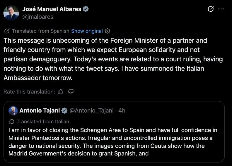 🇮🇹🇪🇸 En réponse à la déclaration du ministre italien des Affaires étrangères selon laquelle l’Italie est…