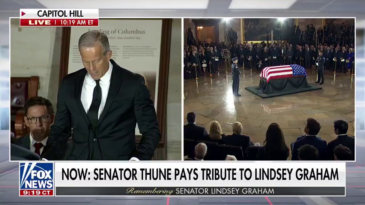 Le chef de la majorité au Sénat, John Thune, rend hommage au regretté sénateur Lindsey Graham, louant son…