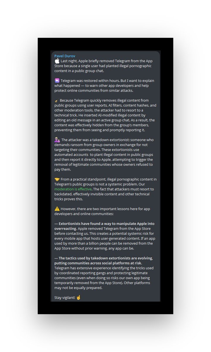 Pavel Durov publie une déclaration après la suppression et la restauration de Telegram de l'App Store d'Apple.