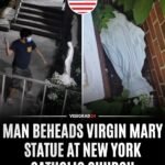 Un homme masqué armé d'un marteau a décapité une statue de la Vierge Marie devant l'église catholique…