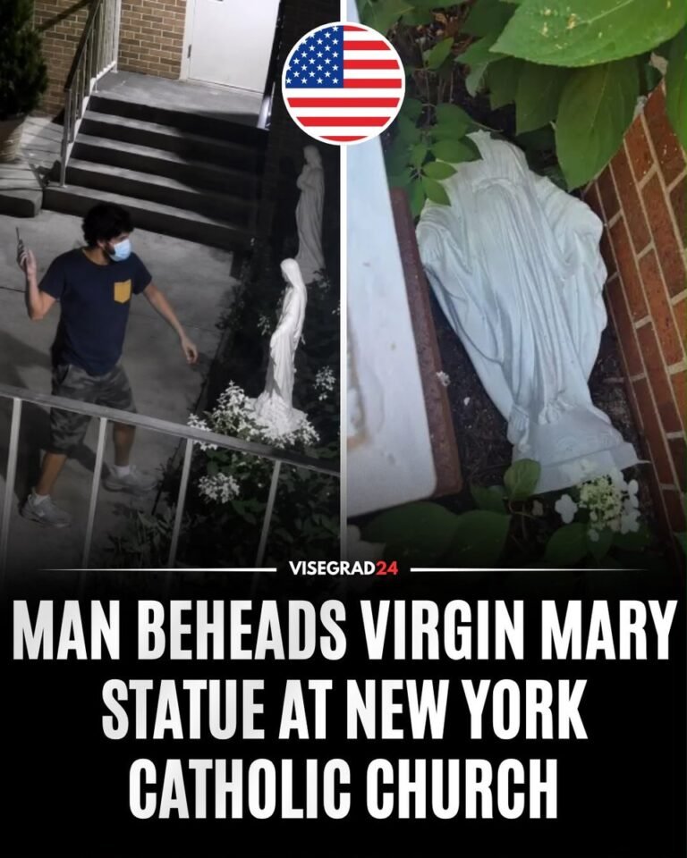 Un homme masqué armé d'un marteau a décapité une statue de la Vierge Marie devant l'église catholique…