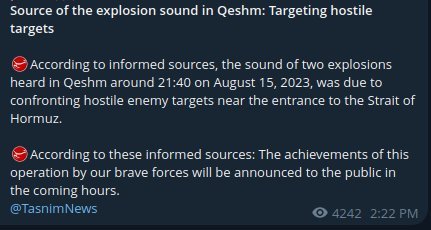 Le média iranien Tasnim, lié à l'État, rapporte que deux explosions entendues près de l'île de Qeshm il y…