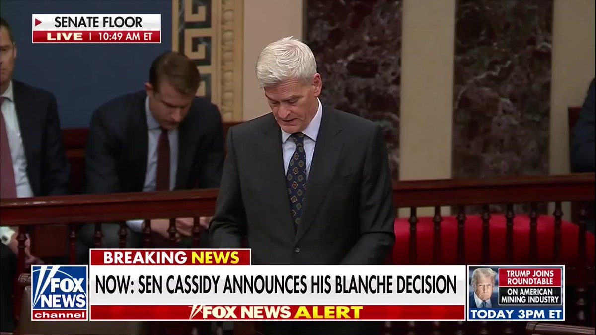 Le sénateur Bill Cassidy annonce qu'il votera pour confirmer Todd Blanche au poste de procureur général,…