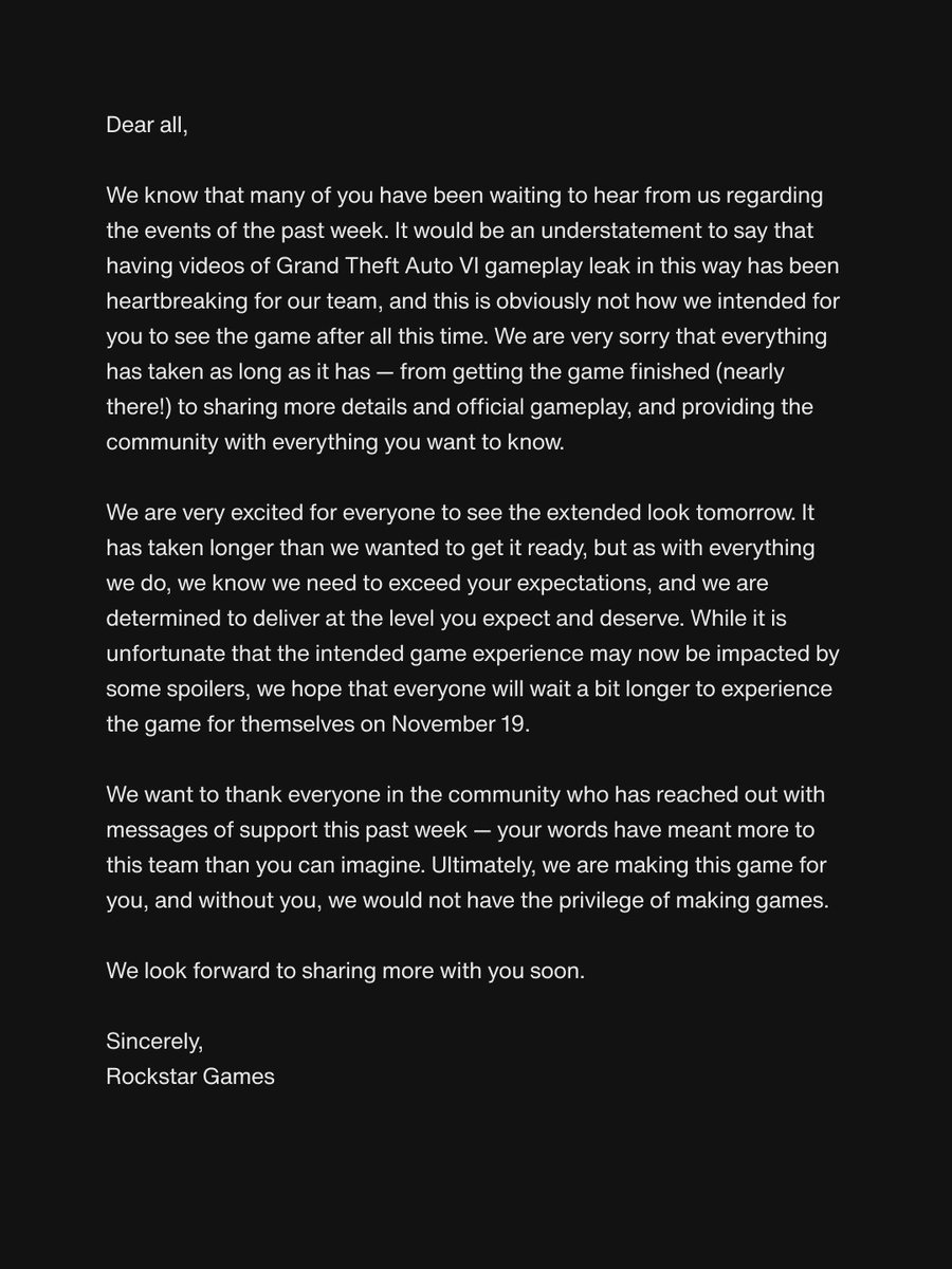 Rockstar Games publie une déclaration sur les récentes fuites de GTA VI avant le regard prolongé de demain