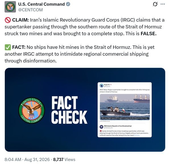 Le Commandement central américain (CENTCOM) a publié une vérification des faits suite aux affirmations…